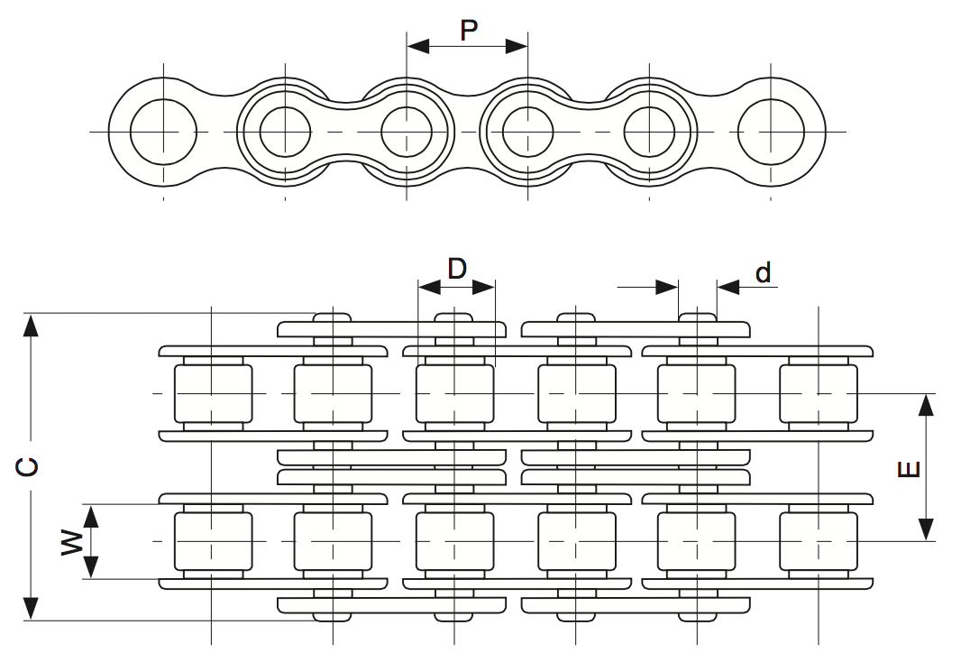 Схема двухрядной роликовой цепи с размерами Двухрядная роликовая цепь и обозначения размеров