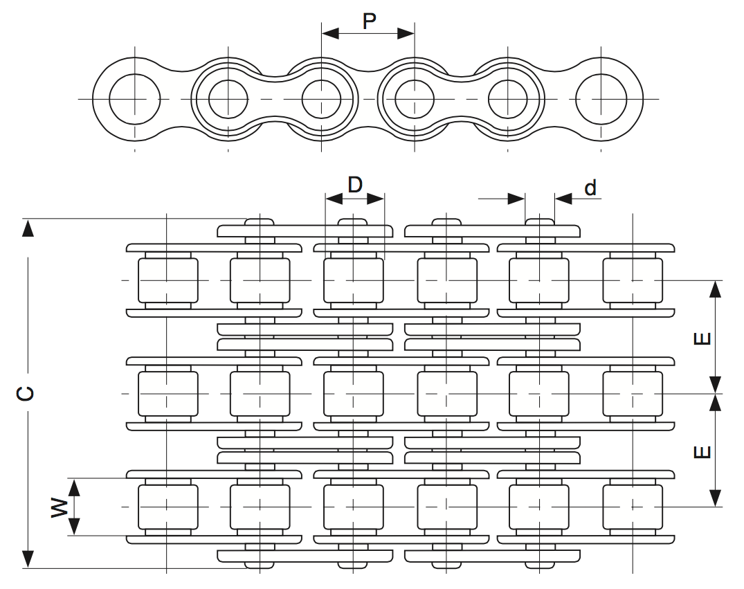 Схема трехрядной роликовой цепи с размерами Трехрядная роликовая цепь и обозначения размеров